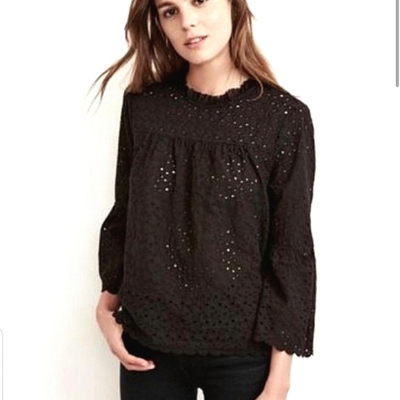 Velvet Eyelet Black Blouse With Bell Sleeves - Picture 2 of 8